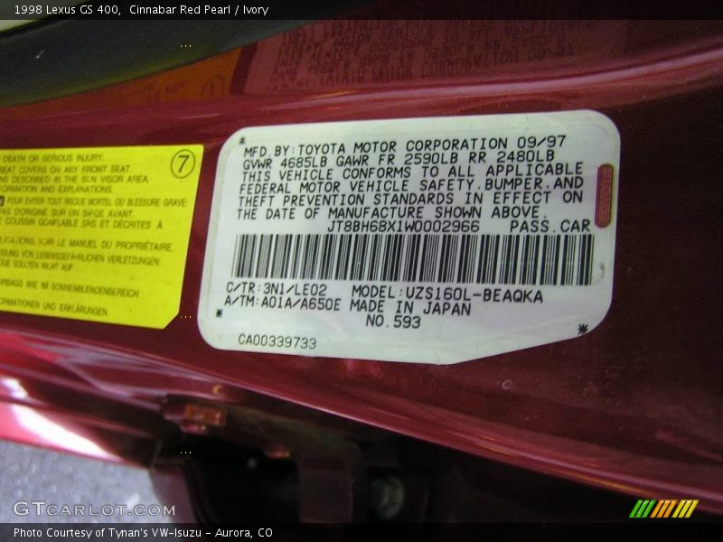 Cinnabar Red Pearl / Ivory 1998 Lexus GS 400
