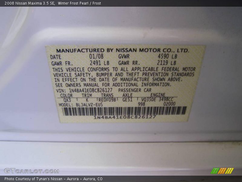 Winter Frost Pearl / Frost 2008 Nissan Maxima 3.5 SE