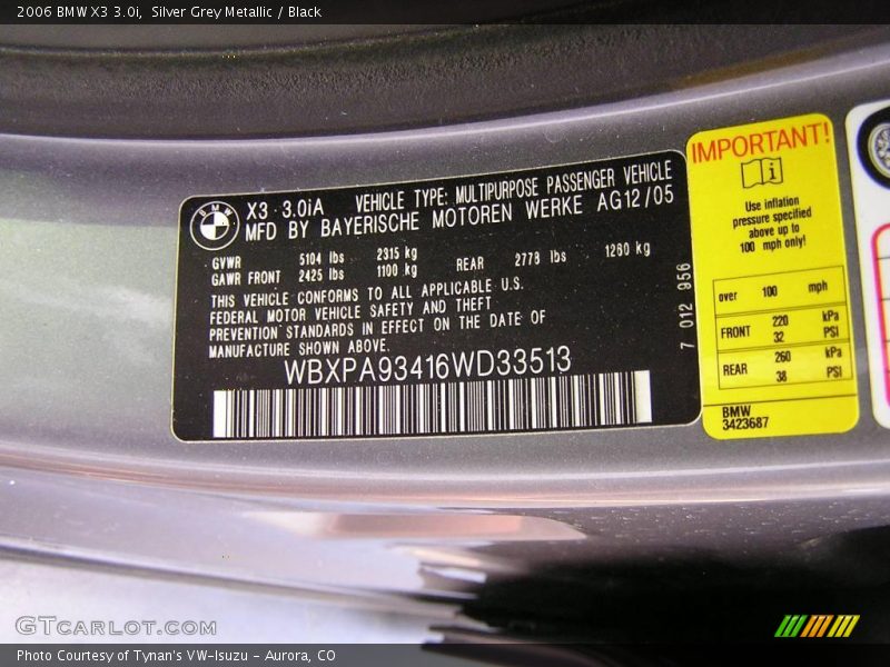 Silver Grey Metallic / Black 2006 BMW X3 3.0i