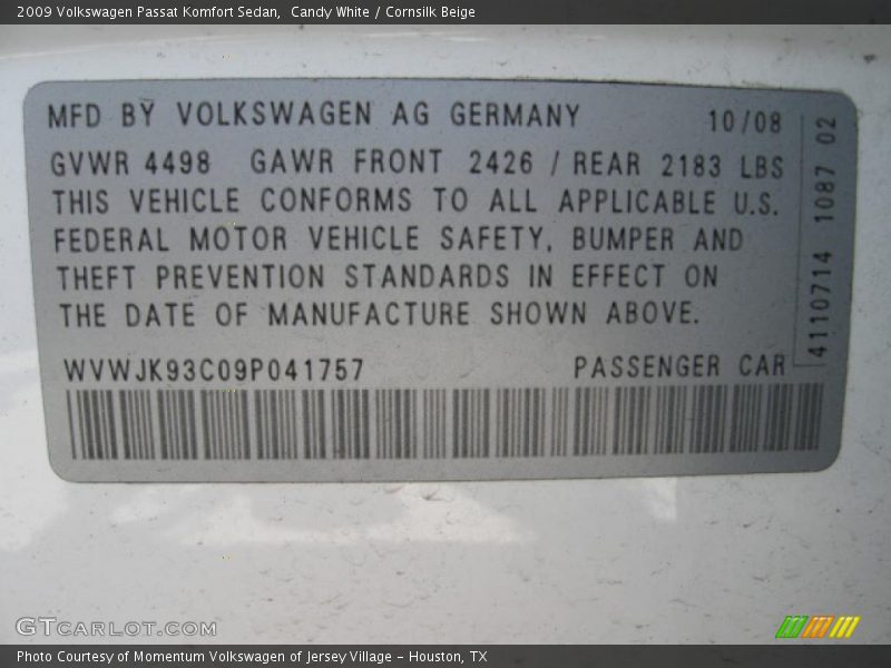 Candy White / Cornsilk Beige 2009 Volkswagen Passat Komfort Sedan