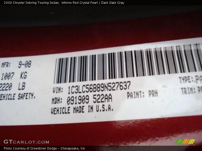 Inferno Red Crystal Pearl / Dark Slate Gray 2009 Chrysler Sebring Touring Sedan