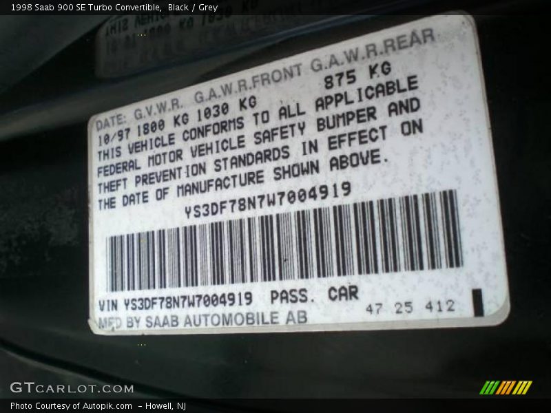Black / Grey 1998 Saab 900 SE Turbo Convertible