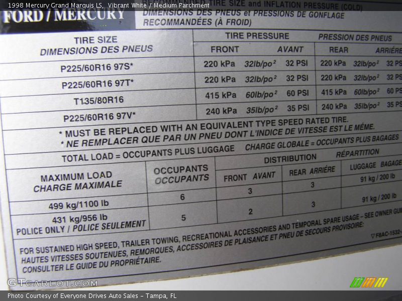 Vibrant White / Medium Parchment 1998 Mercury Grand Marquis LS