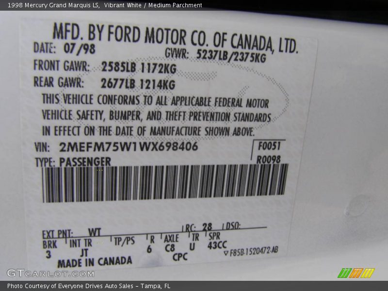 Vibrant White / Medium Parchment 1998 Mercury Grand Marquis LS