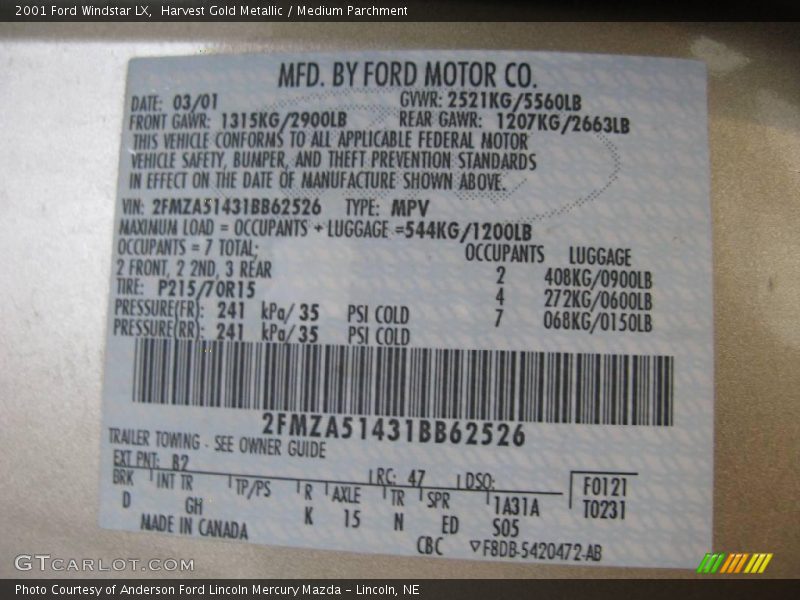 Harvest Gold Metallic / Medium Parchment 2001 Ford Windstar LX