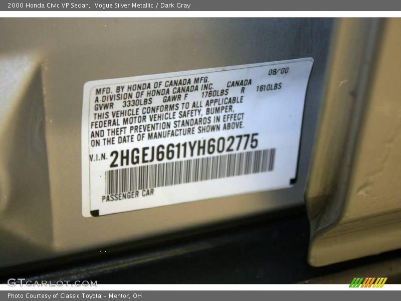 Vogue Silver Metallic / Dark Gray 2000 Honda Civic VP Sedan