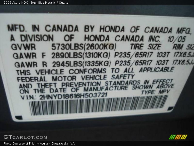 Steel Blue Metallic / Quartz 2006 Acura MDX