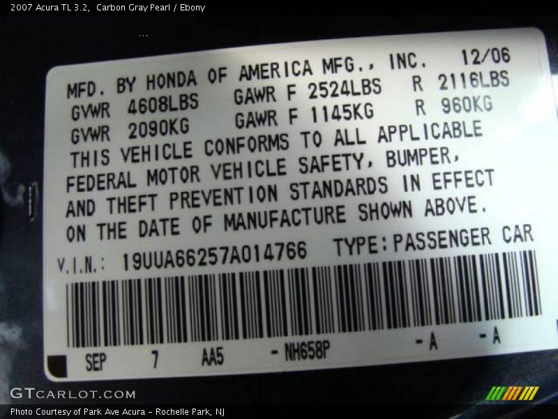 Carbon Gray Pearl / Ebony 2007 Acura TL 3.2