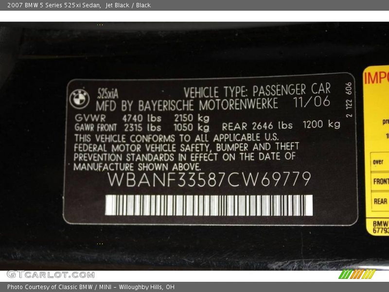 Jet Black / Black 2007 BMW 5 Series 525xi Sedan