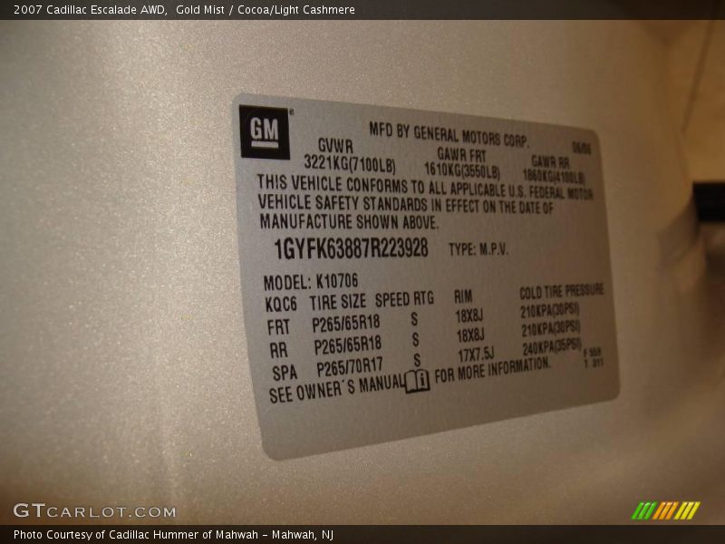 Gold Mist / Cocoa/Light Cashmere 2007 Cadillac Escalade AWD