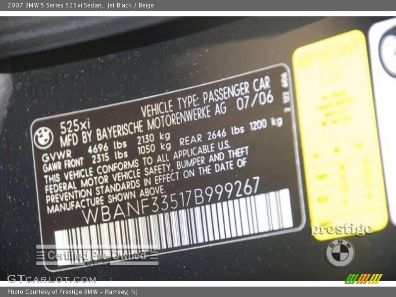 Jet Black / Beige 2007 BMW 5 Series 525xi Sedan