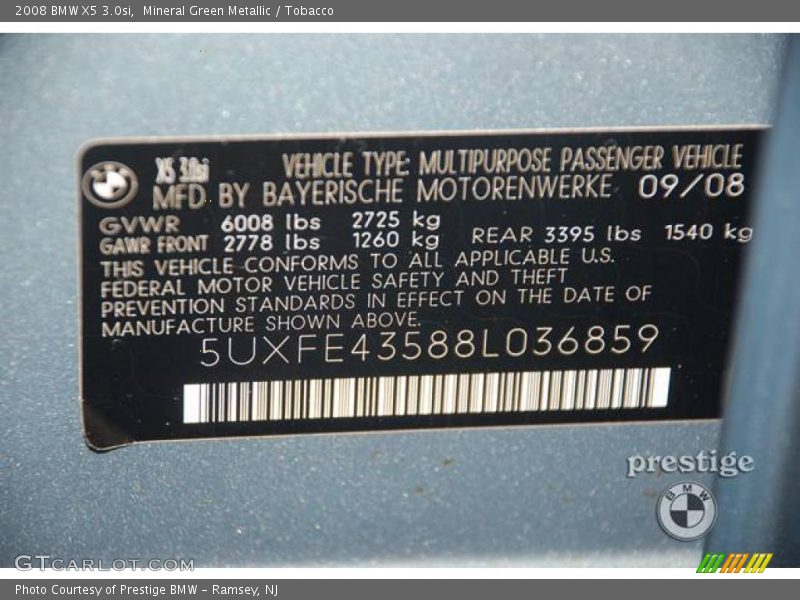 Mineral Green Metallic / Tobacco 2008 BMW X5 3.0si