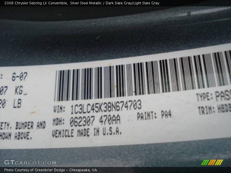 Silver Steel Metallic / Dark Slate Gray/Light Slate Gray 2008 Chrysler Sebring LX Convertible