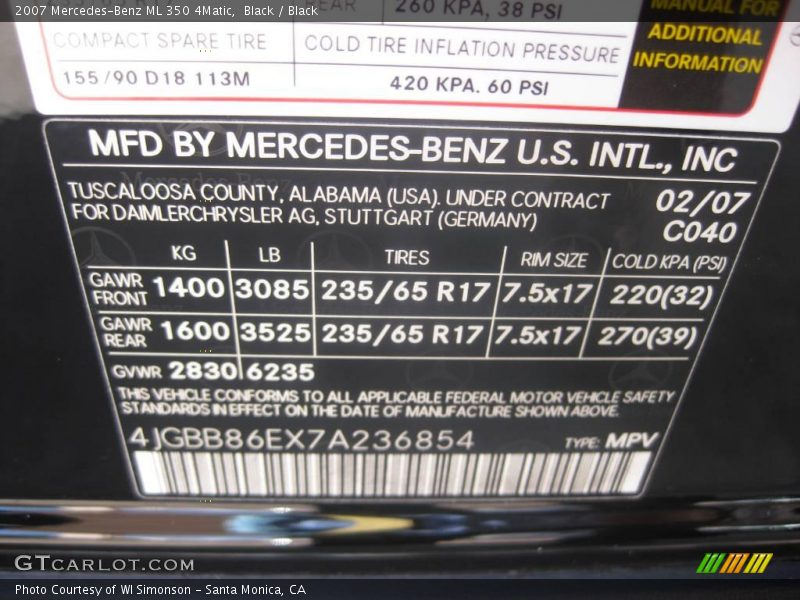 Black / Black 2007 Mercedes-Benz ML 350 4Matic