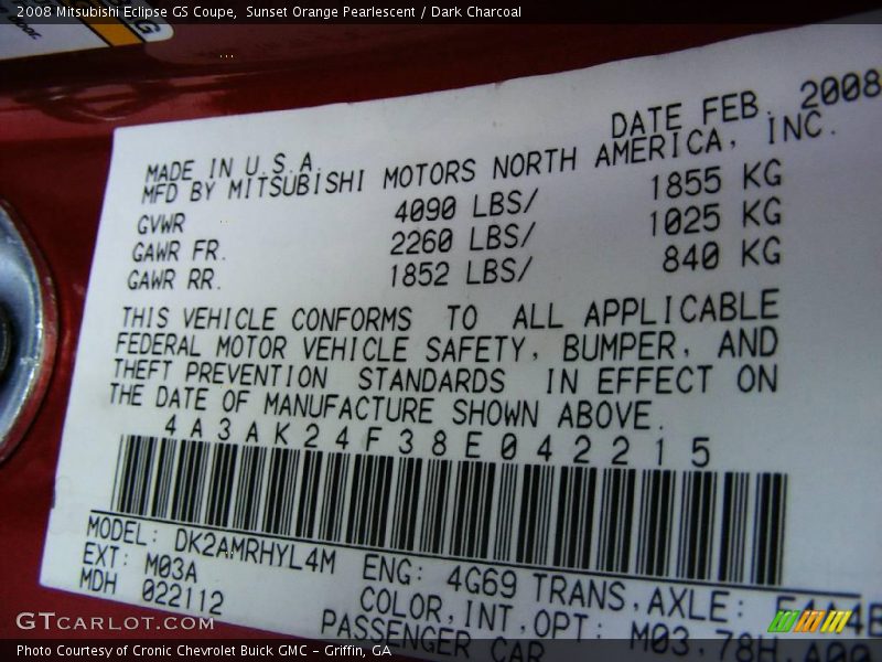 Sunset Orange Pearlescent / Dark Charcoal 2008 Mitsubishi Eclipse GS Coupe