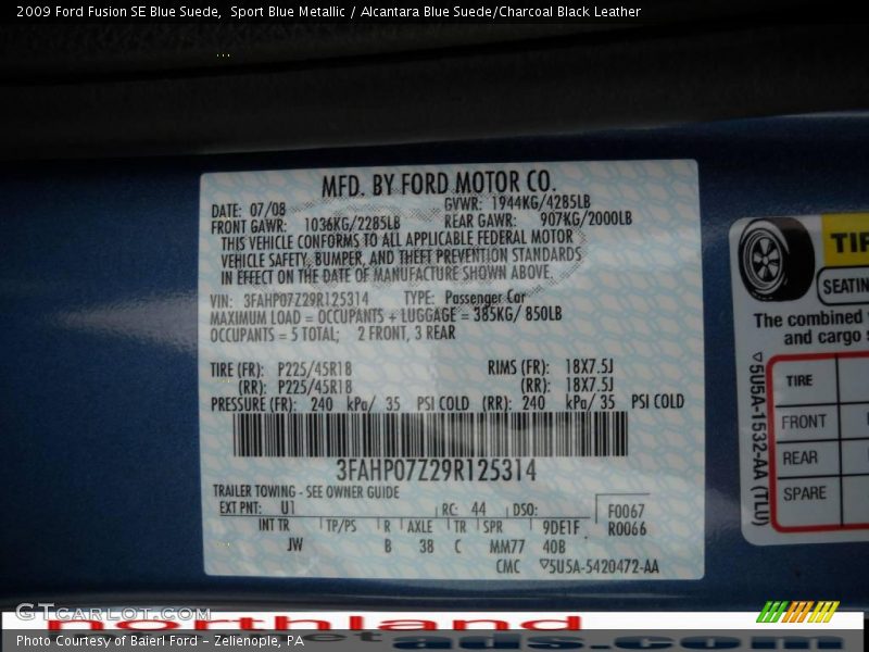 Sport Blue Metallic / Alcantara Blue Suede/Charcoal Black Leather 2009 Ford Fusion SE Blue Suede
