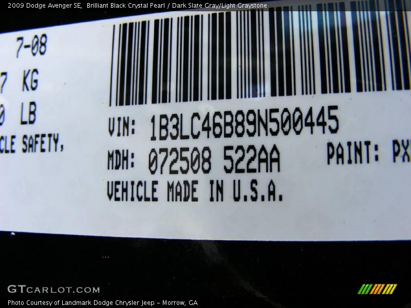 Brilliant Black Crystal Pearl / Dark Slate Gray/Light Graystone 2009 Dodge Avenger SE