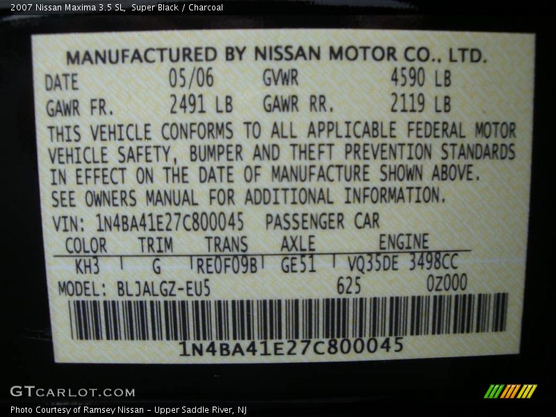 Super Black / Charcoal 2007 Nissan Maxima 3.5 SL