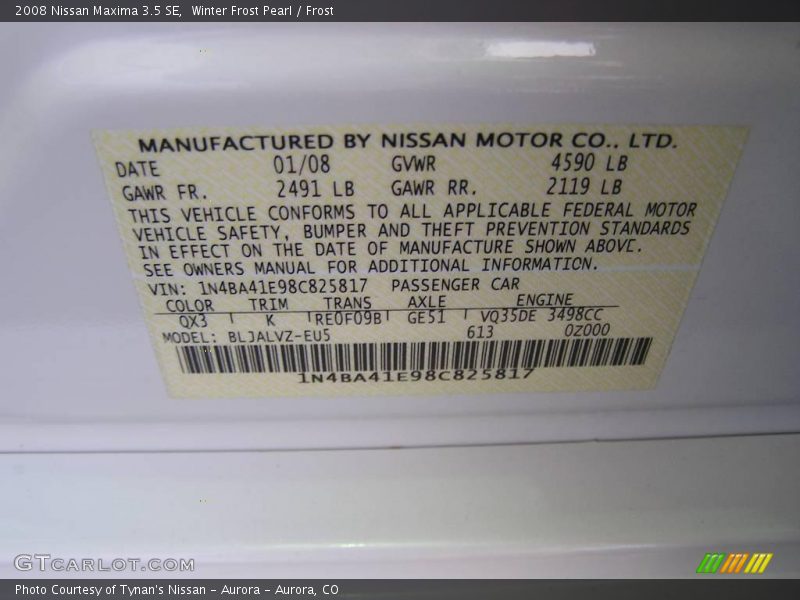 Winter Frost Pearl / Frost 2008 Nissan Maxima 3.5 SE