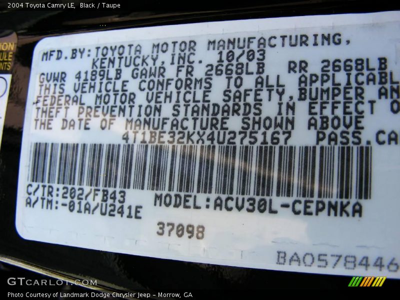 Black / Taupe 2004 Toyota Camry LE