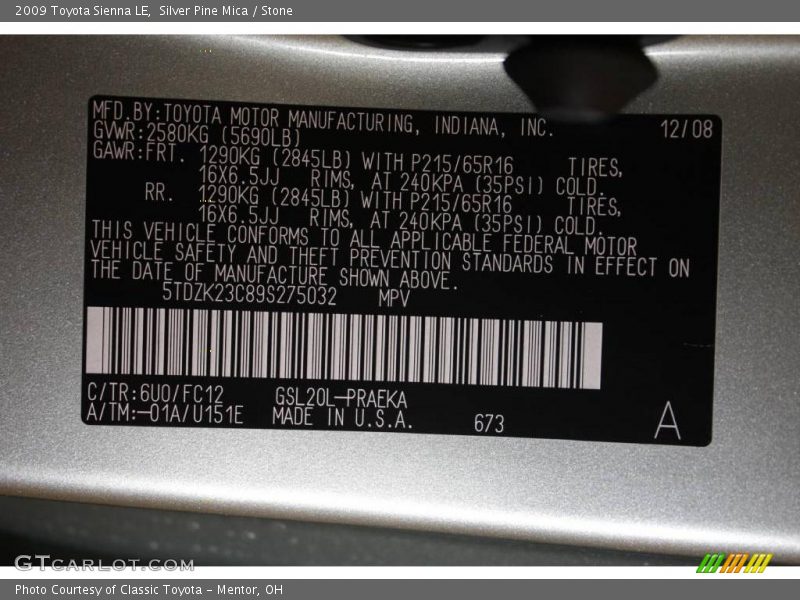 Silver Pine Mica / Stone 2009 Toyota Sienna LE