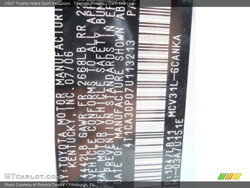 Titanium Metallic / Dark Charcoal 2007 Toyota Solara Sport V6 Coupe