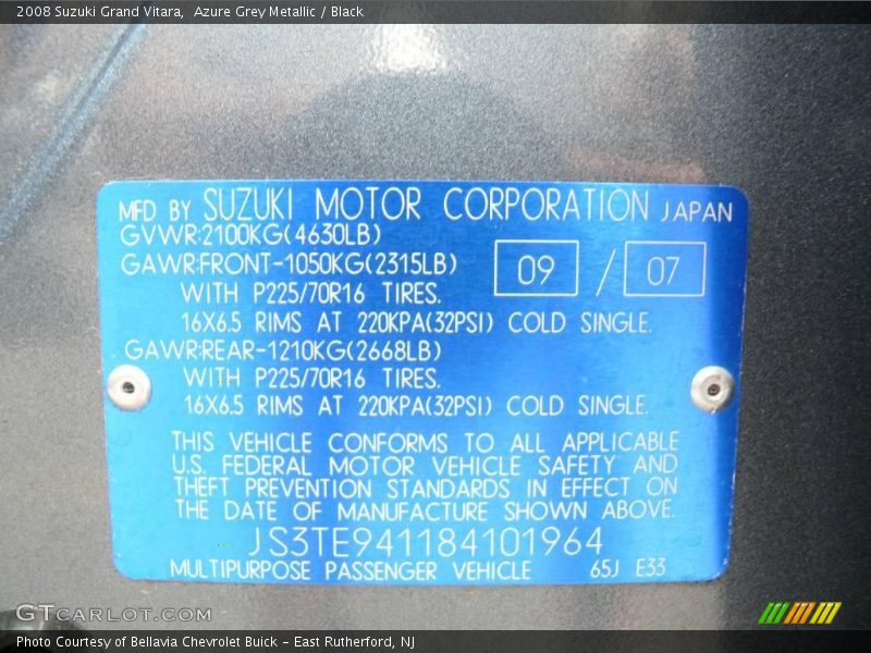 Azure Grey Metallic / Black 2008 Suzuki Grand Vitara