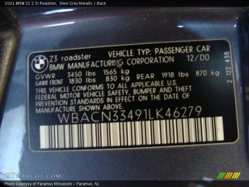 Steel Grey Metallic / Black 2001 BMW Z3 2.5i Roadster