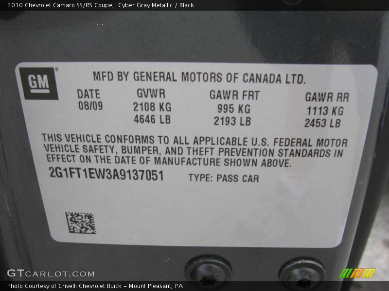 Cyber Gray Metallic / Black 2010 Chevrolet Camaro SS/RS Coupe