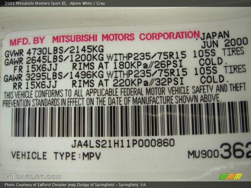 Alpine White / Gray 2001 Mitsubishi Montero Sport ES
