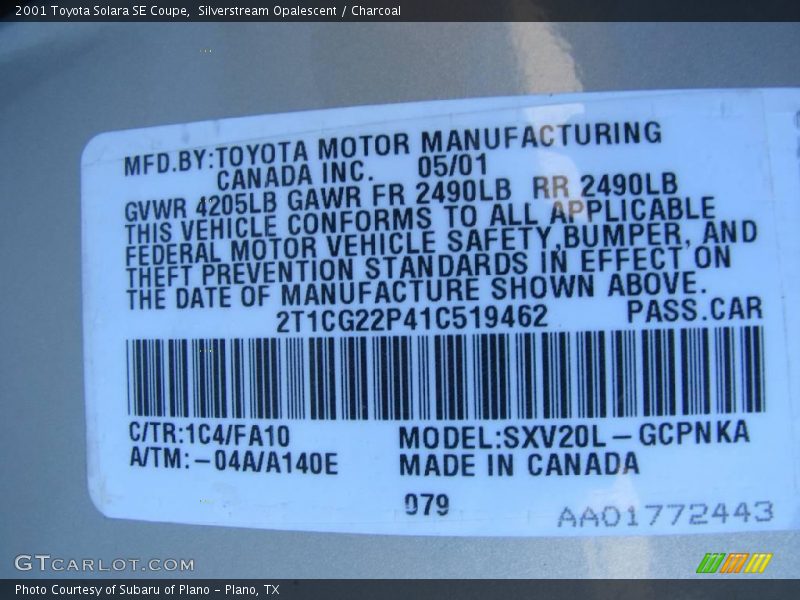 Silverstream Opalescent / Charcoal 2001 Toyota Solara SE Coupe