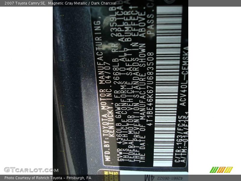 Magnetic Gray Metallic / Dark Charcoal 2007 Toyota Camry SE