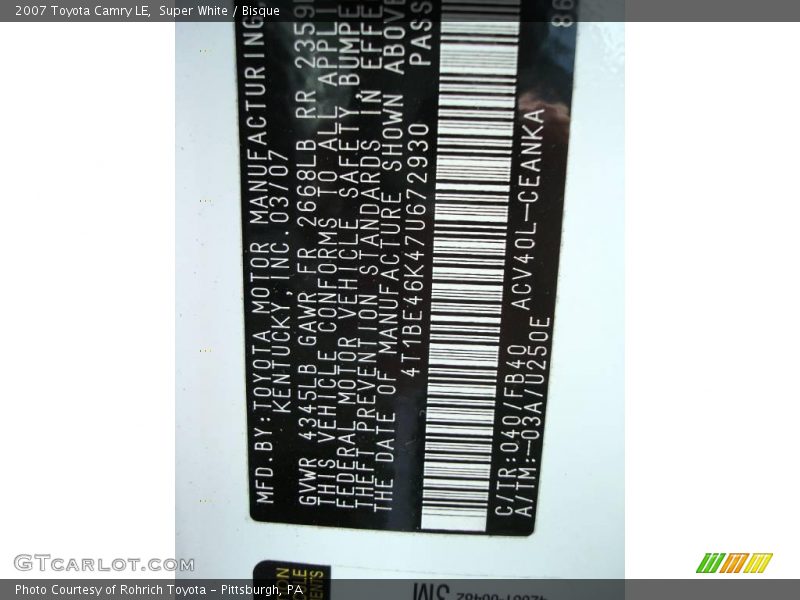 Super White / Bisque 2007 Toyota Camry LE