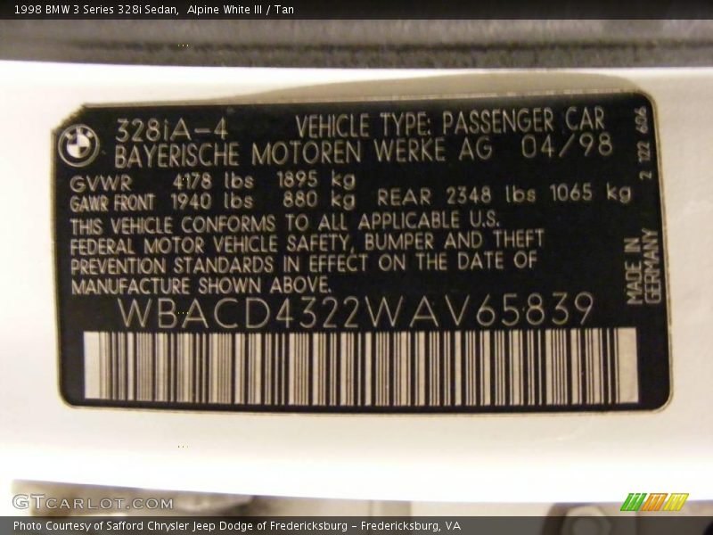 Alpine White III / Tan 1998 BMW 3 Series 328i Sedan