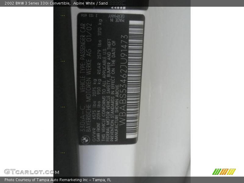 Alpine White / Sand 2002 BMW 3 Series 330i Convertible