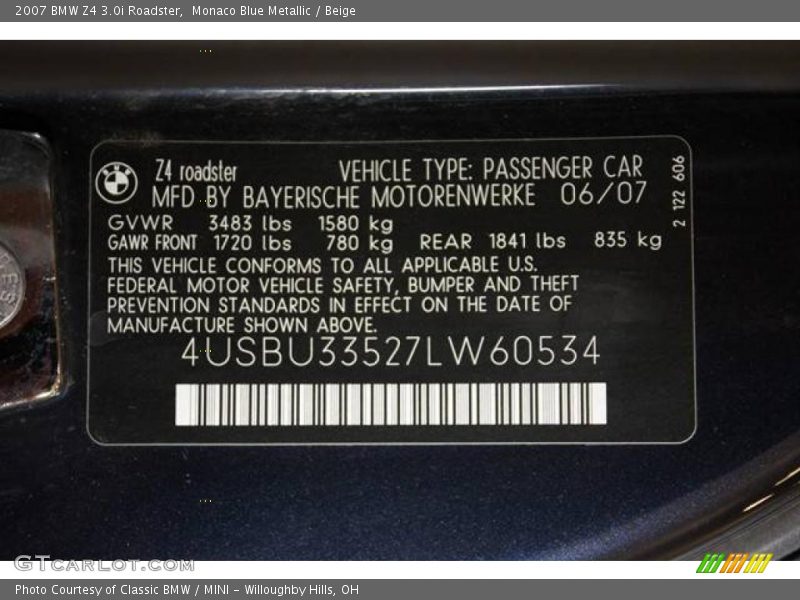 Monaco Blue Metallic / Beige 2007 BMW Z4 3.0i Roadster