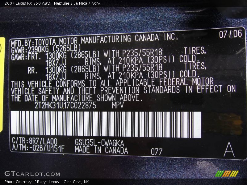 Neptune Blue Mica / Ivory 2007 Lexus RX 350 AWD