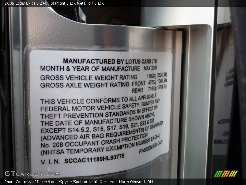 Info Tag of 2009 Exige S 240