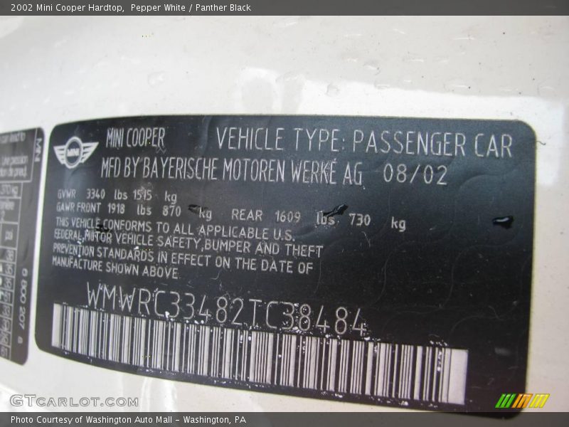 Pepper White / Panther Black 2002 Mini Cooper Hardtop