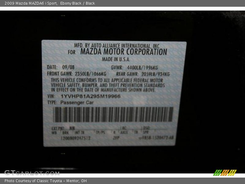 Ebony Black / Black 2009 Mazda MAZDA6 i Sport