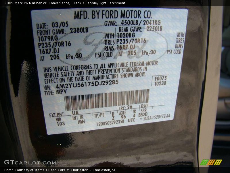 Black / Pebble/Light Parchment 2005 Mercury Mariner V6 Convenience