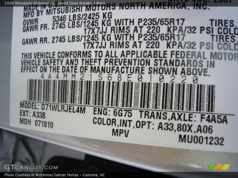 Liquid Silver Metallic / Black 2008 Mitsubishi Endeavor LS