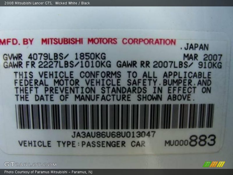 Wicked White / Black 2008 Mitsubishi Lancer GTS