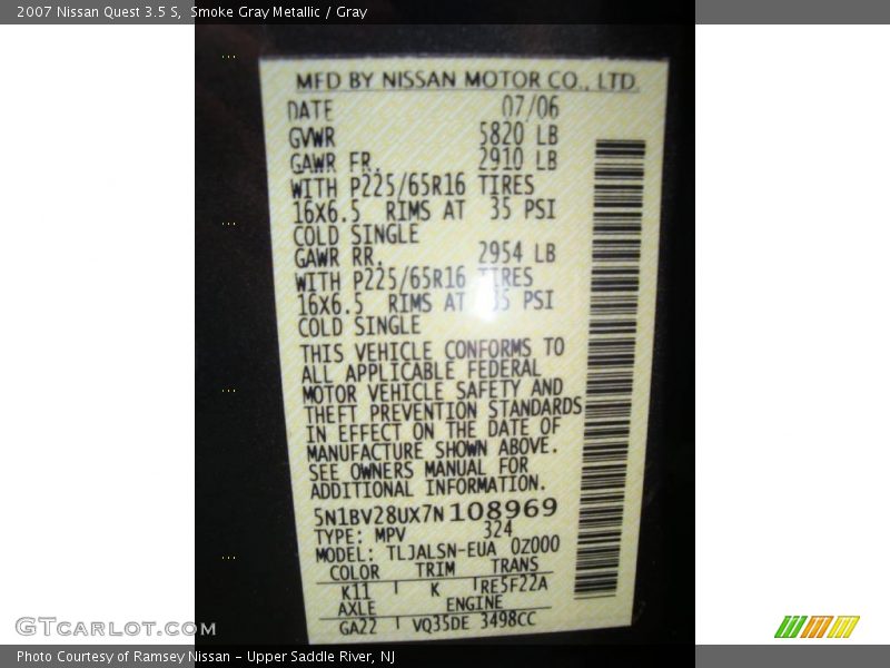 Smoke Gray Metallic / Gray 2007 Nissan Quest 3.5 S
