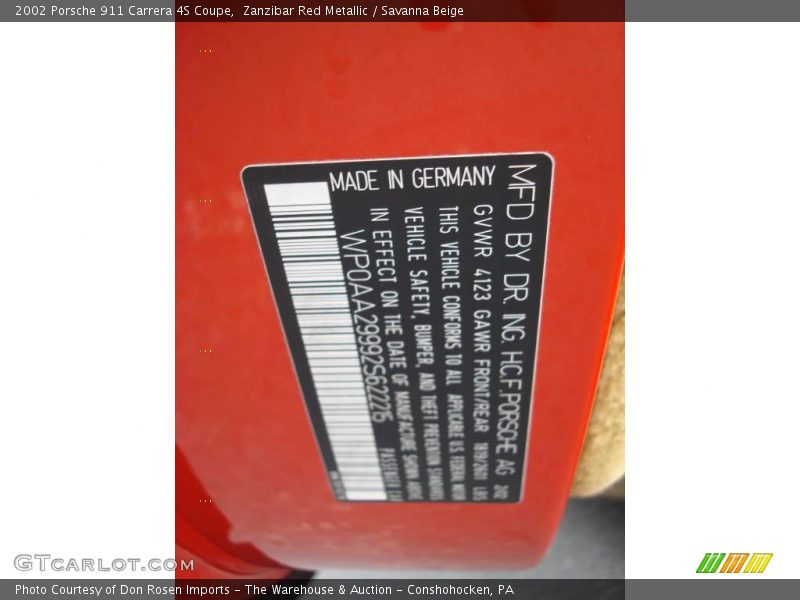 Info Tag of 2002 911 Carrera 4S Coupe