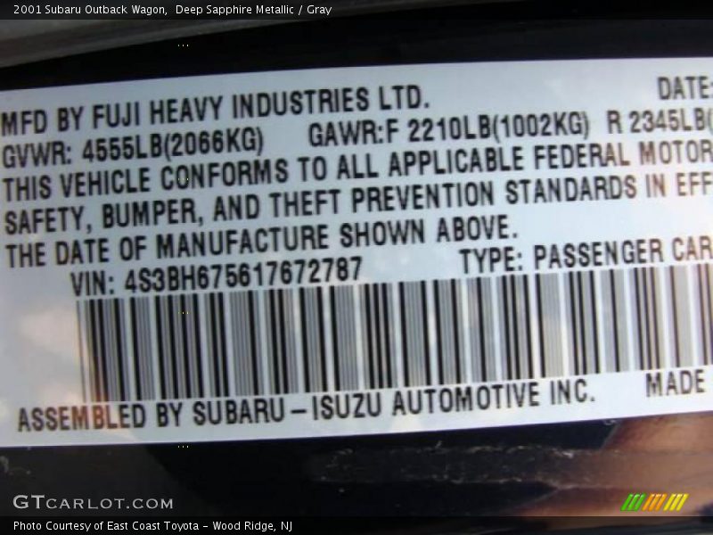 Deep Sapphire Metallic / Gray 2001 Subaru Outback Wagon