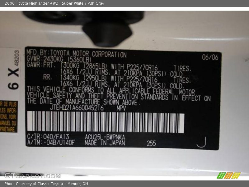 Super White / Ash Gray 2006 Toyota Highlander 4WD