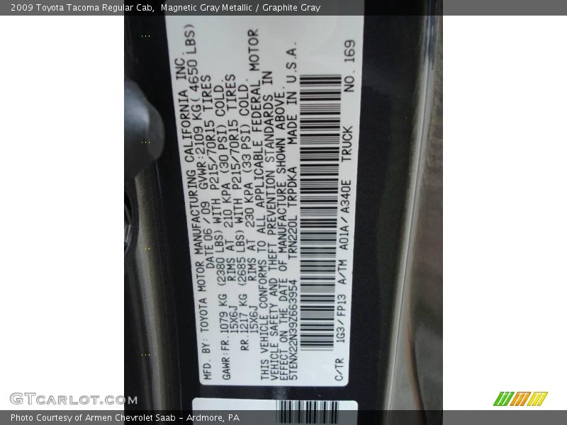 Magnetic Gray Metallic / Graphite Gray 2009 Toyota Tacoma Regular Cab
