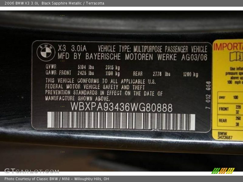 Black Sapphire Metallic / Terracotta 2006 BMW X3 3.0i