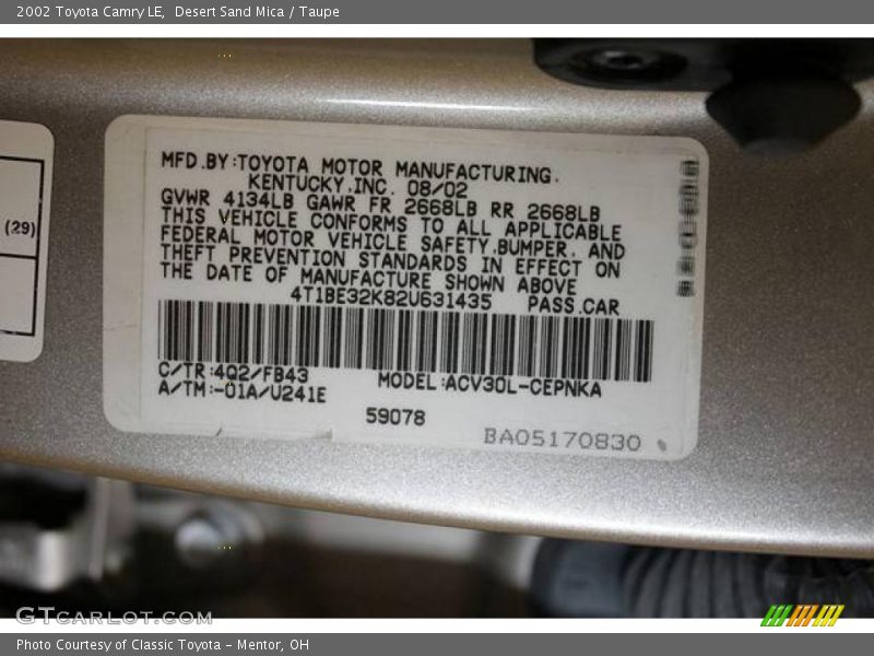Desert Sand Mica / Taupe 2002 Toyota Camry LE